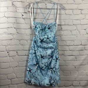 PromGirl Rated PG Backless Sequin Short Prom Dress Floral Ice Blue 6 NWT